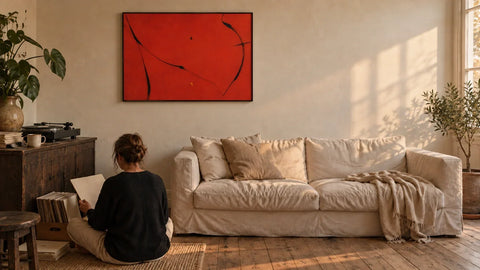 Red Interval, a LACO color field print, above a cream sofa