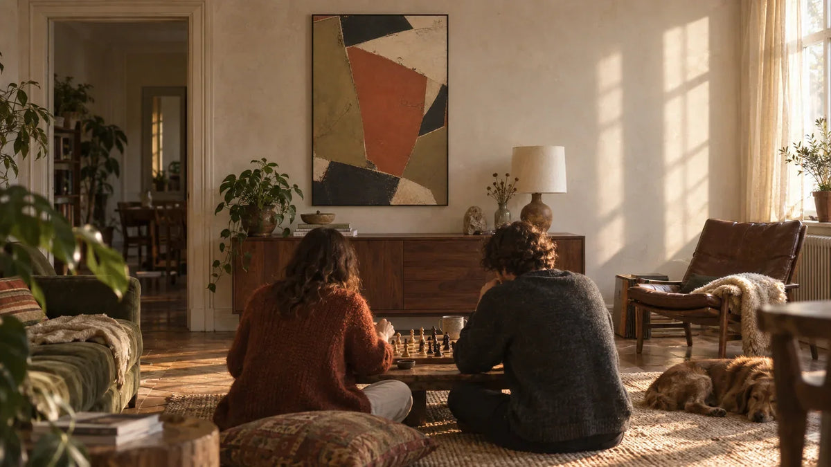 Earthen Measure, a LACO geometric print, above a walnut credenza