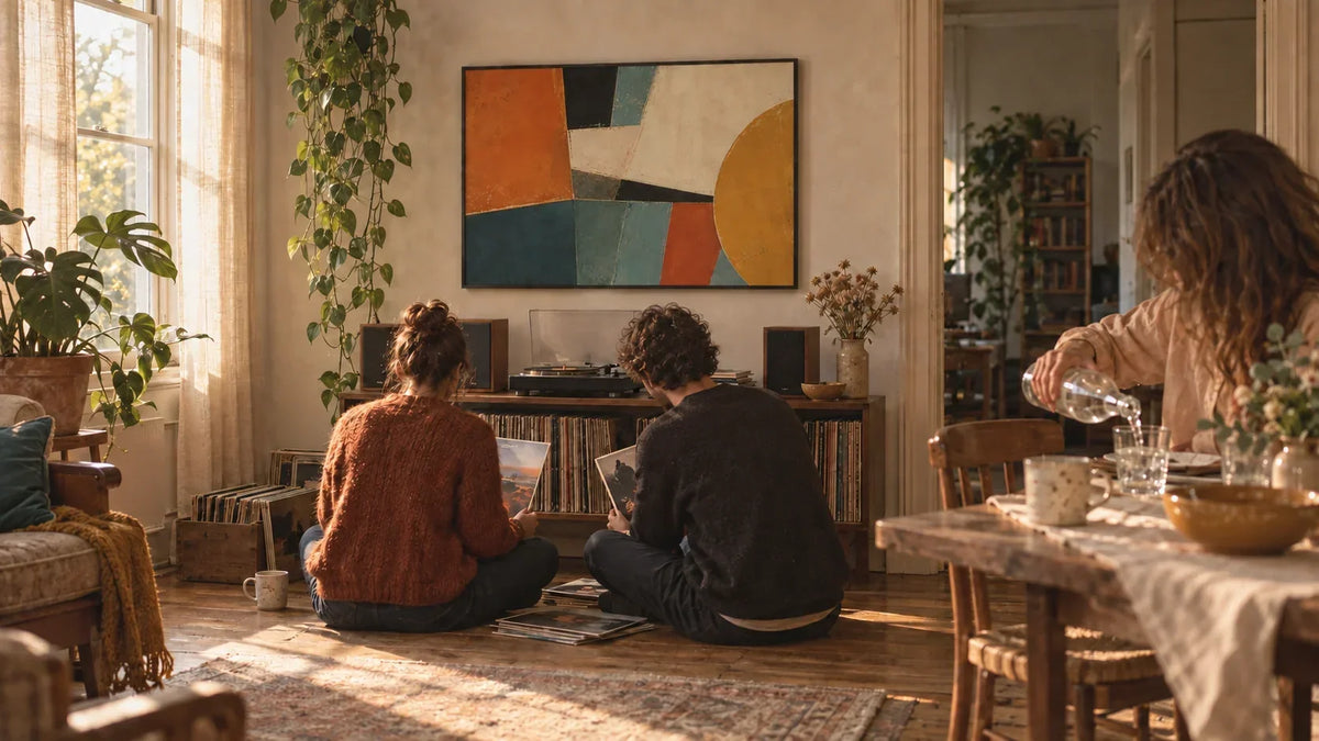 Friends going through records in a sunlit living room under Mid-Century Modular, a LACO print