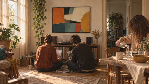 Friends going through records in a sunlit living room under Mid-Century Modular, a LACO print