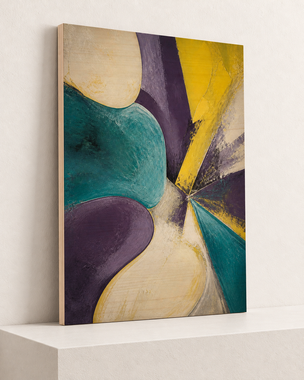 Petals After Dark | Wood Print | 70x100 cm; 10mm birch plywood, horizontal grain, slim natural layered unframed cut edge, resting on raised light platform — angle