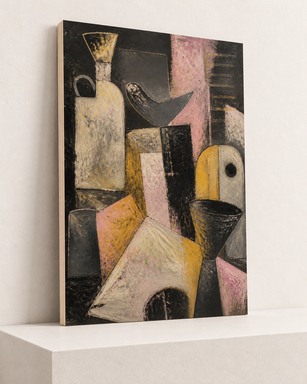 The Last Cup | Wood Print | 70x100 cm; 10mm birch plywood, horizontal grain, slim natural layered unframed cut edge, resting on raised light platform — angle