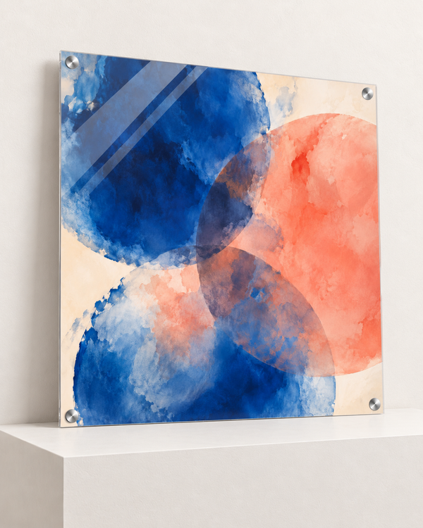 Afterimage | Acrylic Print | 60x60 cm; 4mm acrylic, four silver corner caps, resting on raised light platform — angle