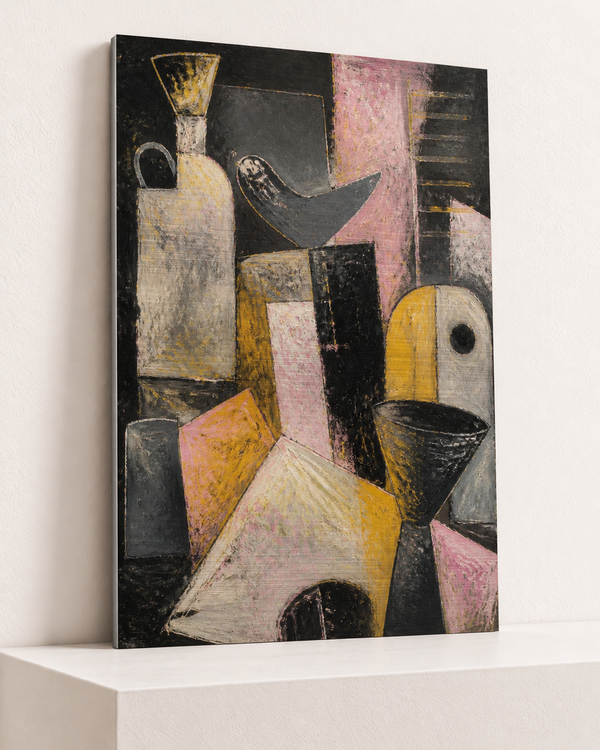 acid-supper-brushed-aluminum-print, largest 70×100cm unframed3mm silver brushed aluminum, horizontal grain, raised warm platform, angle photograph