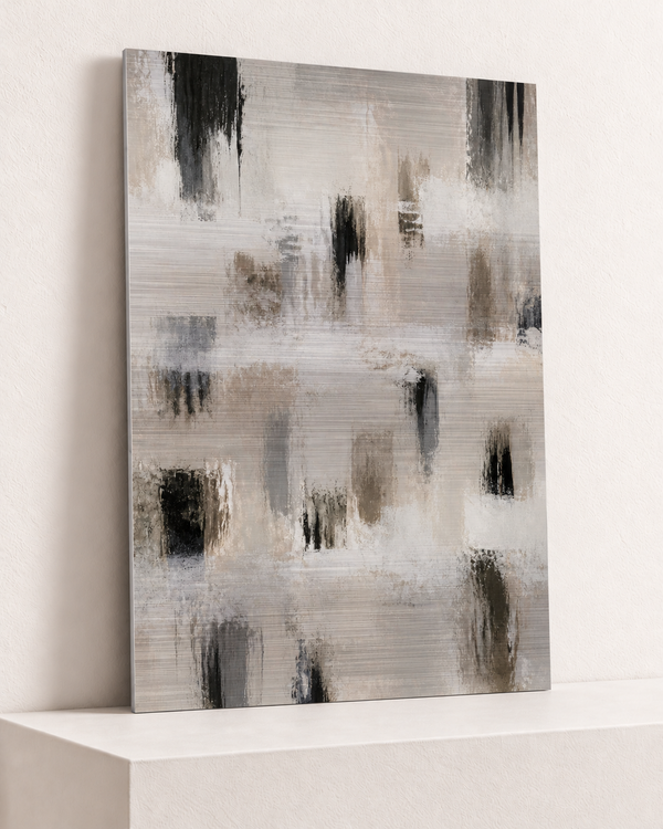 ash-register-brushed-aluminum-print, largest 70×100cm unframed3mm silver brushed aluminum, horizontal grain, raised warm platform, angle photograph