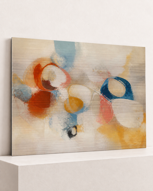 cellular-field-brushed-aluminum-print, largest 100×70cm unframed3mm silver brushed aluminum, horizontal grain, raised warm platform, angle photograph