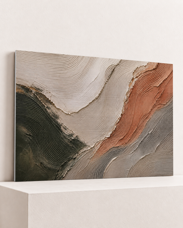 contour-relief-brushed-aluminum-print, largest 100×70cm unframed3mm silver brushed aluminum, horizontal grain, raised warm platform, angle photograph