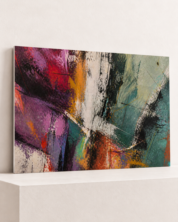 crosscurrent-brushed-aluminum-print, largest 100×70cm unframed3mm silver brushed aluminum, horizontal grain, raised warm platform, angle photograph