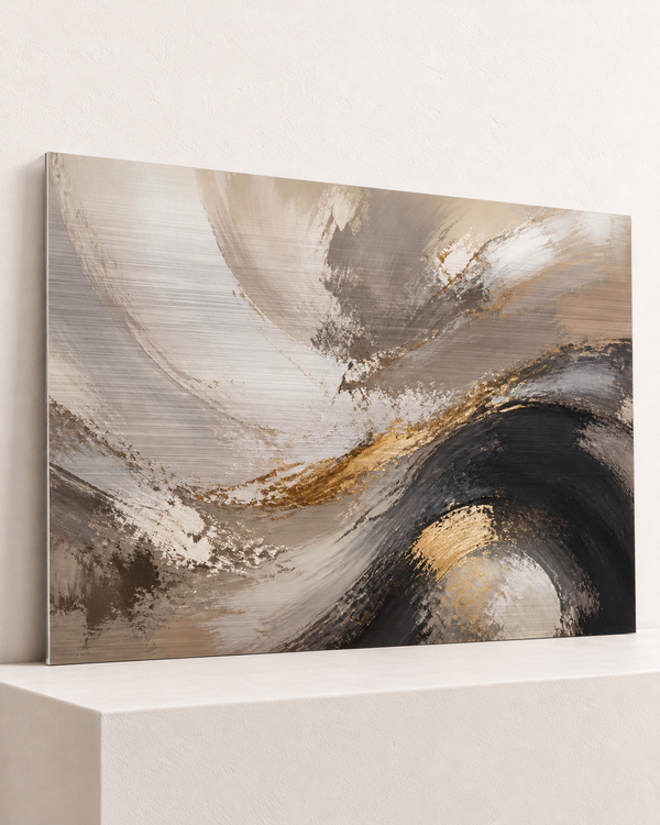 curved-current-brushed-aluminum-print, largest 100×70cm unframed3mm silver brushed aluminum, horizontal grain, raised warm platform, angle photograph