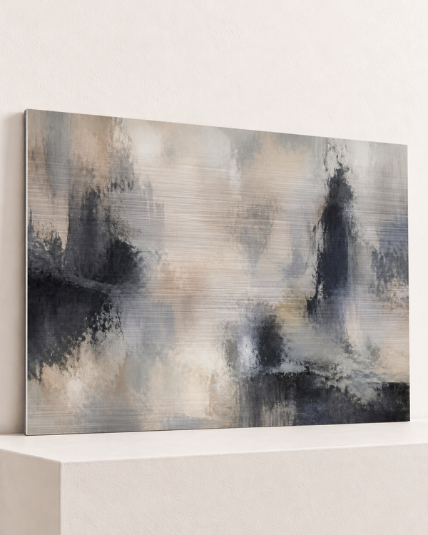 divided-ground-brushed-aluminum-print, largest 100×70cm unframed3mm silver brushed aluminum, horizontal grain, raised warm platform, angle photograph