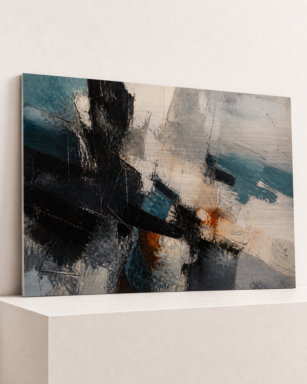 fault-line-brushed-aluminum-print, largest 100×70cm unframed3mm silver brushed aluminum, horizontal grain, raised warm platform, angle photograph