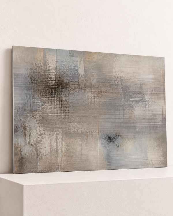 fog-archive-brushed-aluminum-print, largest 100×70cm unframed3mm silver brushed aluminum, horizontal grain, raised warm platform, angle photograph