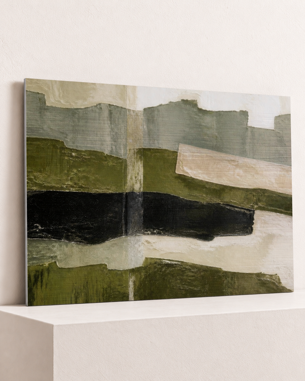 folded-range-brushed-aluminum-print, largest 100×70cm unframed3mm silver brushed aluminum, horizontal grain, raised warm platform, angle photograph