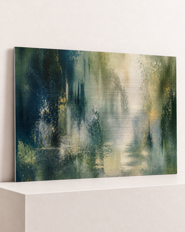 forest-after-rain-brushed-aluminum-print, largest 100×70cm unframed3mm silver brushed aluminum, horizontal grain, raised warm platform, angle photograph