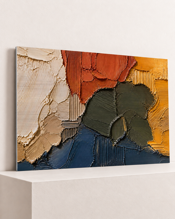 grounded-matter-brushed-aluminum-print, largest 100×70cm unframed3mm silver brushed aluminum, horizontal grain, raised warm platform, angle photograph