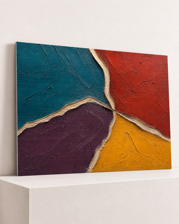 incised-chroma-brushed-aluminum-print, largest 100×70cm unframed3mm silver brushed aluminum, horizontal grain, raised warm platform, angle photograph