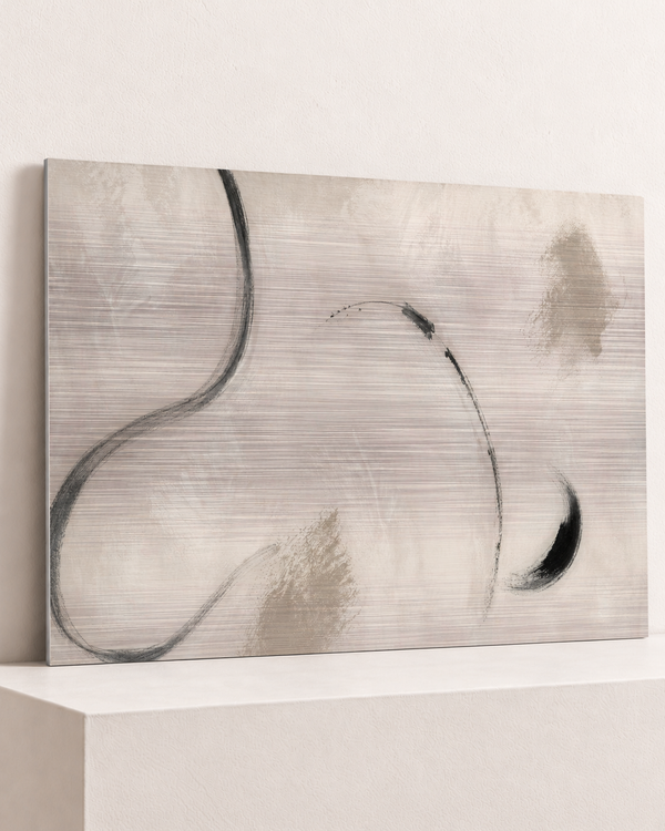 looped-silence-brushed-aluminum-print, largest 100×70cm unframed3mm silver brushed aluminum, horizontal grain, raised warm platform, angle photograph