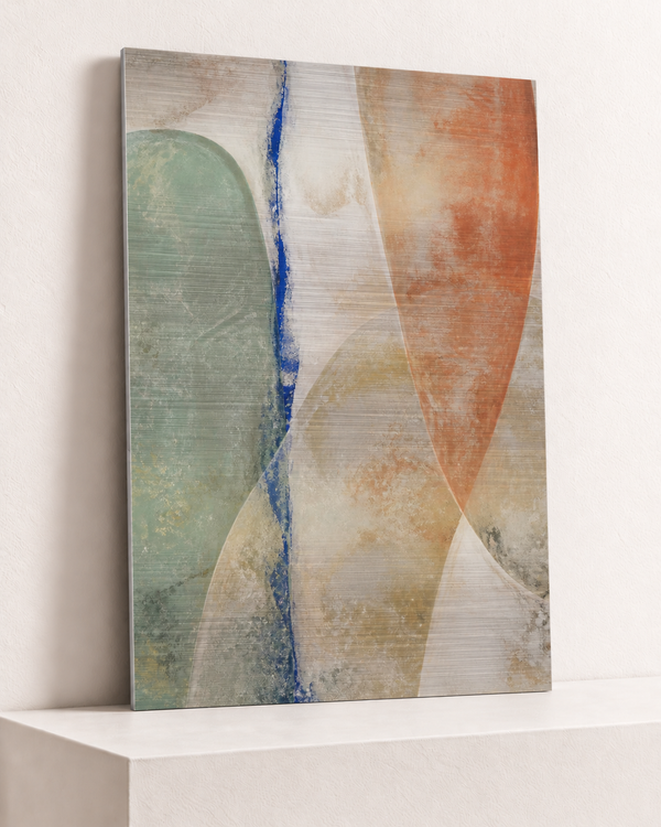 mineral-air-brushed-aluminum-print, largest 70×100cm unframed3mm silver brushed aluminum, horizontal grain, raised warm platform, angle photograph