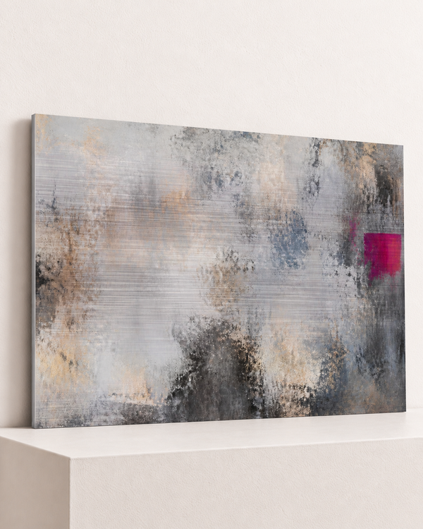 nearly-gone-brushed-aluminum-print, largest 100×70cm unframed3mm silver brushed aluminum, horizontal grain, raised warm platform, angle photograph
