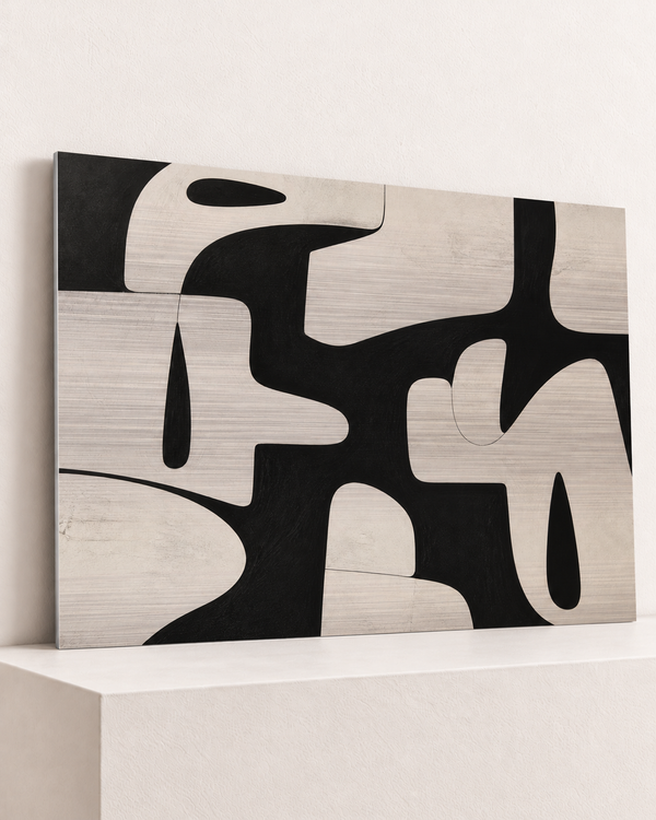 organic-planes-brushed-aluminum-print, largest 100×70cm unframed3mm silver brushed aluminum, horizontal grain, raised warm platform, angle photograph