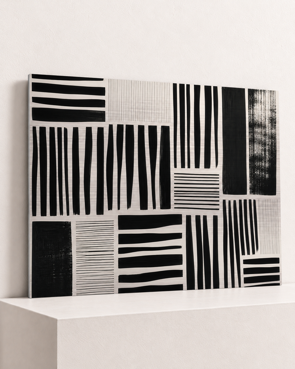 rhythm-grid-brushed-aluminum-print, largest 100×70cm unframed3mm silver brushed aluminum, horizontal grain, raised warm platform, angle photograph