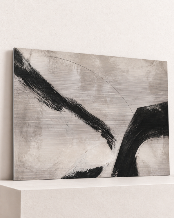 sweeping-bands-brushed-aluminum-print, largest 100×70cm unframed3mm silver brushed aluminum, horizontal grain, raised warm platform, angle photograph