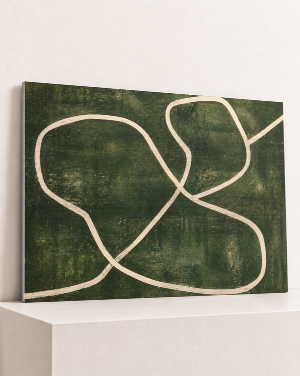 wandering-contour-brushed-aluminum-print, largest 100×70cm unframed3mm silver brushed aluminum, horizontal grain, raised warm platform, angle photograph