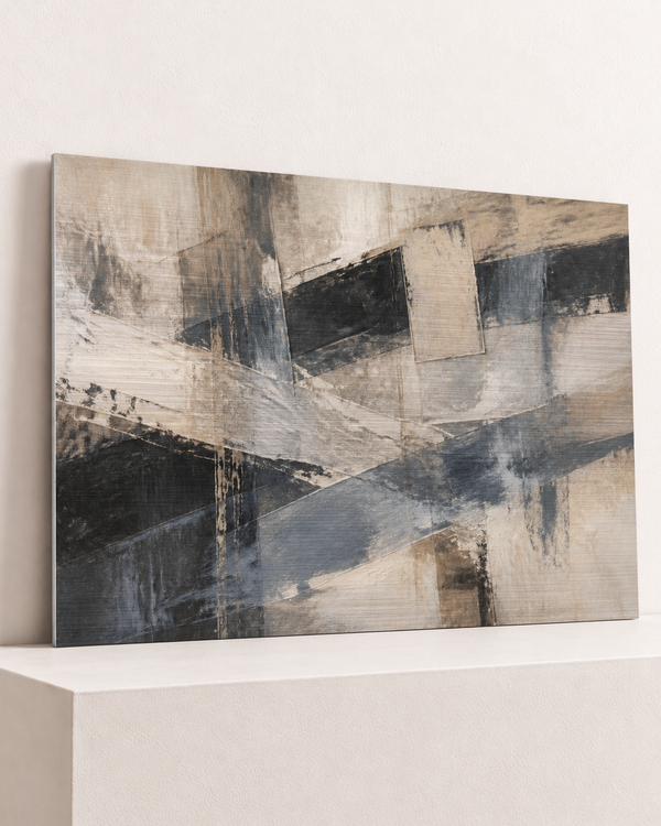 weather-line-brushed-aluminum-print, largest 100×70cm unframed3mm silver brushed aluminum, horizontal grain, raised warm platform, angle photograph