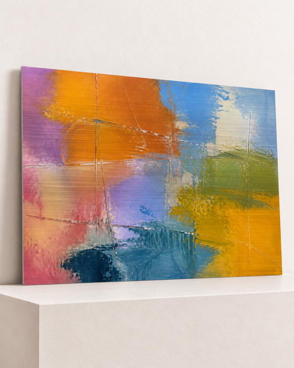 wet-light-brushed-aluminum-print, largest 100×70cm unframed3mm silver brushed aluminum, horizontal grain, raised warm platform, angle photograph