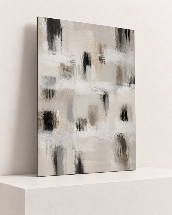 Black Comes Through | Foam Print | 70x100 cm; 5mm black PVC foam, thin unframed cut edge, resting on raised light platform — angle