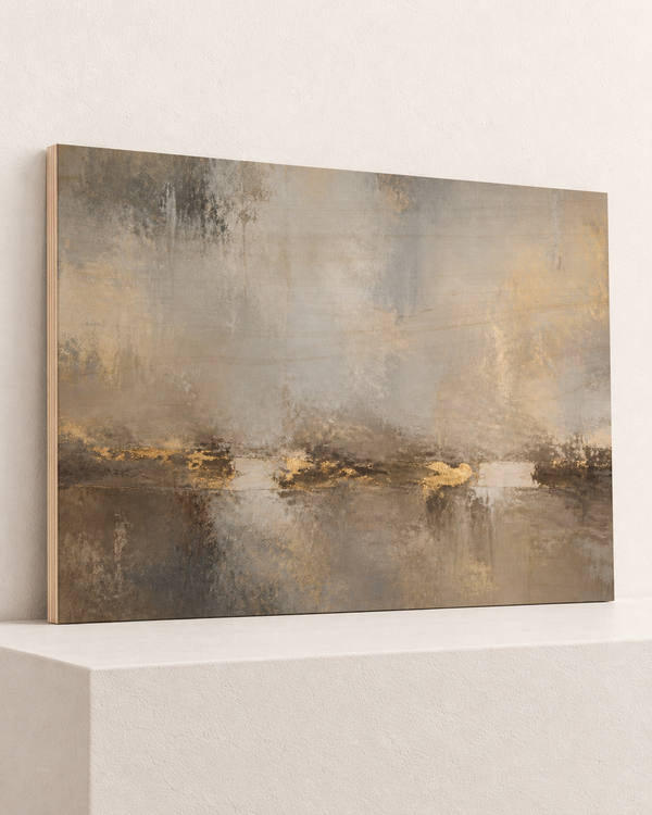 The Far Shore | Wood Print | 100x70 cm; 10mm birch plywood, horizontal grain, slim natural layered unframed cut edge, resting on raised light platform — angle