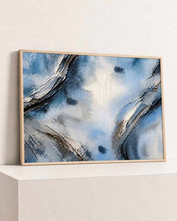 Blue Between Stones, paper print in its natural wood frame, angle studio view