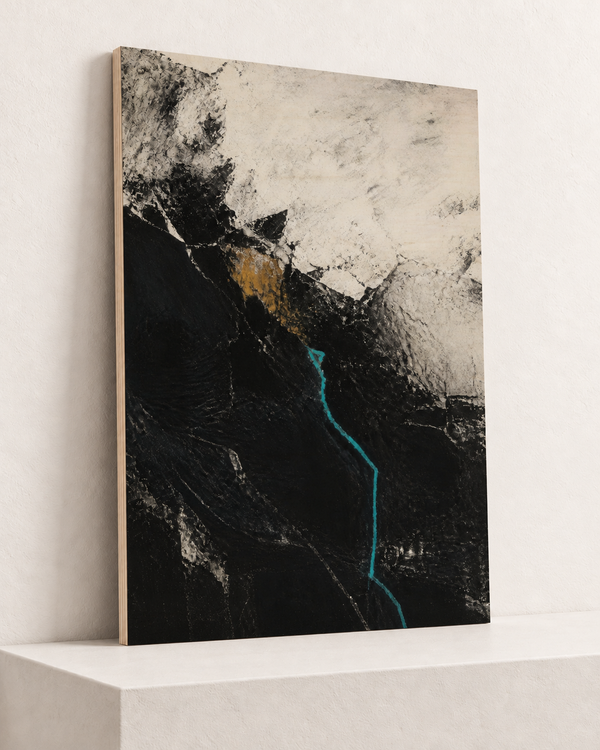 Blue Fault | Wood Print | 70x100 cm; 10mm birch plywood, horizontal grain, slim natural layered unframed cut edge, resting on raised light platform — angle