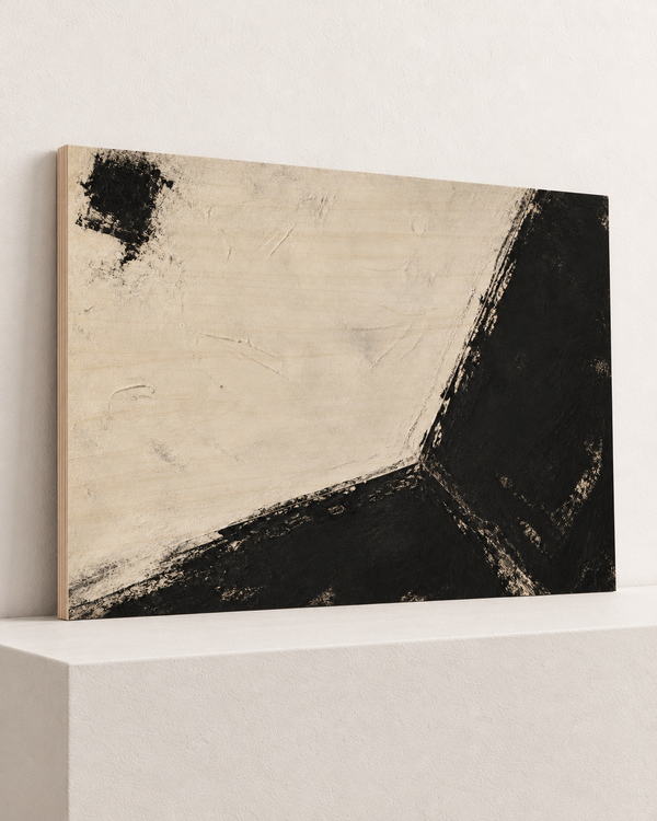 At the Corner | Wood Print | 100x70 cm; 10mm birch plywood, horizontal grain, slim natural layered unframed cut edge, resting on raised light platform — angle