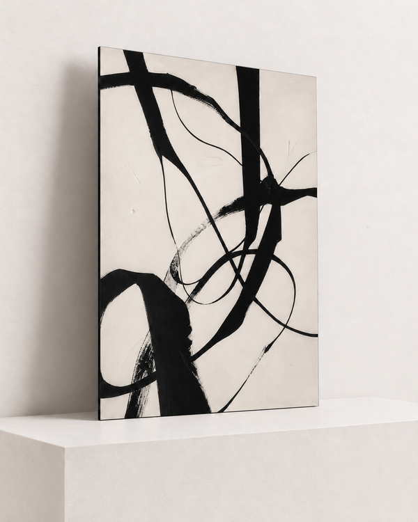 Calligraphic Line | Foam Print | 70x100 cm; 5mm black PVC foam, thin unframed cut edge, resting on raised light platform — angle