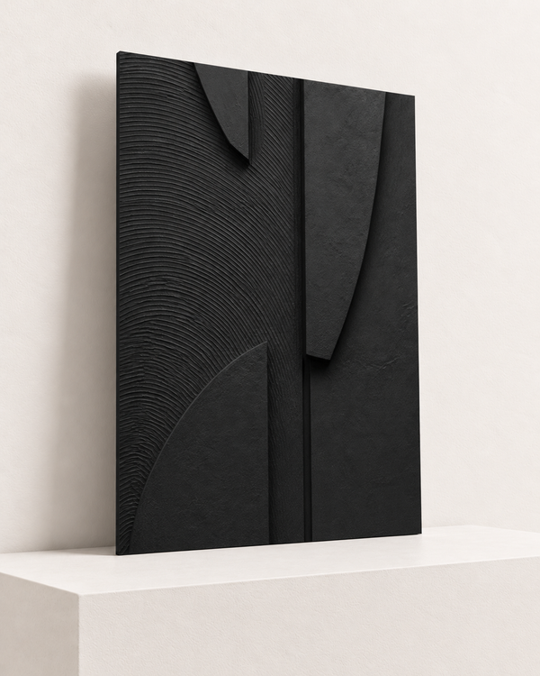 Curves in Charcoal | Foam Print | 70x100 cm; 5mm black PVC foam, thin unframed cut edge, resting on raised light platform — angle