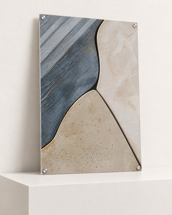 Slate and Sand | Acrylic Print | 70x100 cm; 4mm acrylic, four silver corner caps, resting on raised light platform — angle