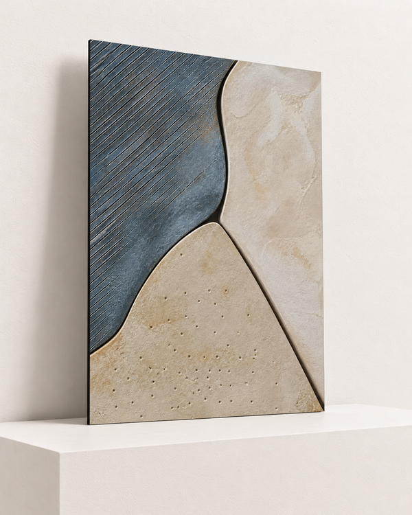 Slate and Sand | Foam Print | 70x100 cm; 5mm black PVC foam, thin unframed cut edge, resting on raised light platform — angle