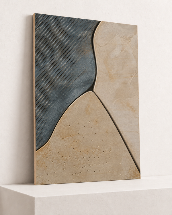 Slate and Sand | Wood Print | 70x100 cm; 10mm birch plywood, horizontal grain, slim natural layered unframed cut edge, resting on raised light platform — angle