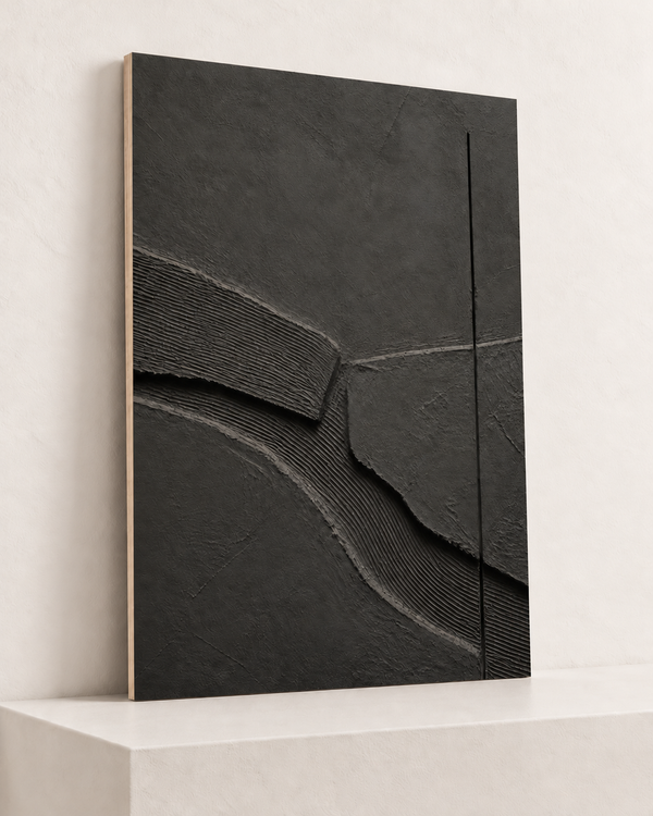 Charcoal Relief | Wood Print | 70x100 cm; 10mm birch plywood, horizontal grain, slim natural layered unframed cut edge, resting on raised light platform — angle