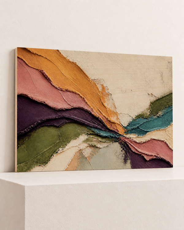 Colour at the Edges | Wood Print | 100x70 cm; 10mm birch plywood, horizontal grain, slim natural layered unframed cut edge, resting on raised light platform — angle