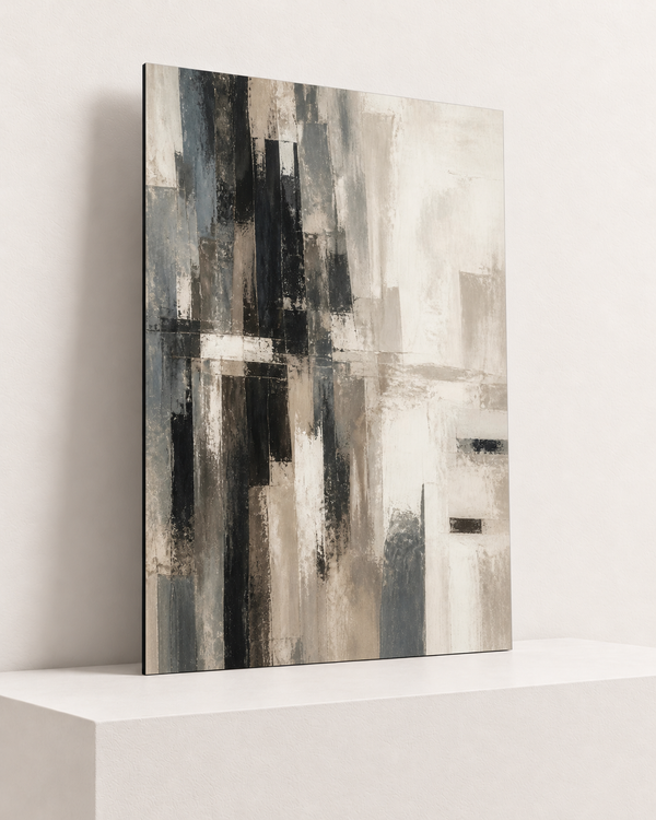 City Memory | Foam Print | 70x100 cm; 5mm black PVC foam, thin unframed cut edge, resting on raised light platform — angle