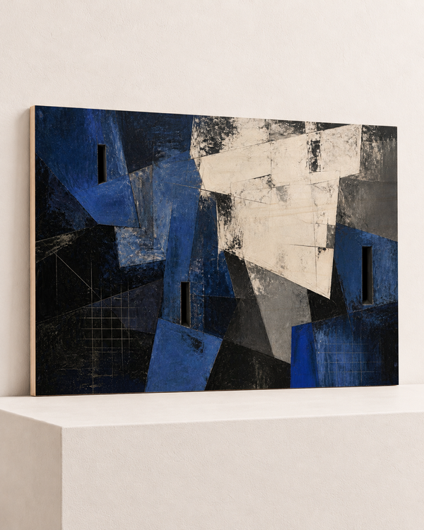 Cobalt After Dark | Wood Print | 100x70 cm; 10mm birch plywood, horizontal grain, slim natural layered unframed cut edge, resting on raised light platform — angle