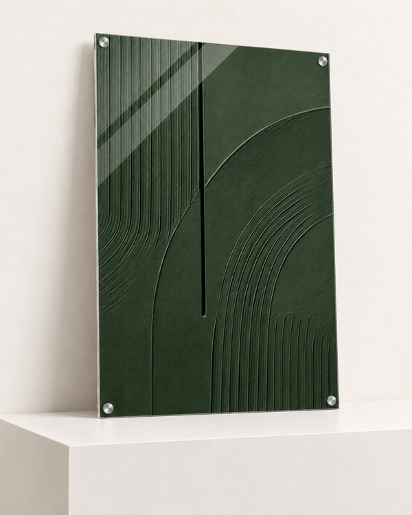 Lines Through Olive | Acrylic Print | 70x100 cm; 4mm acrylic, four silver corner caps, resting on raised light platform — angle