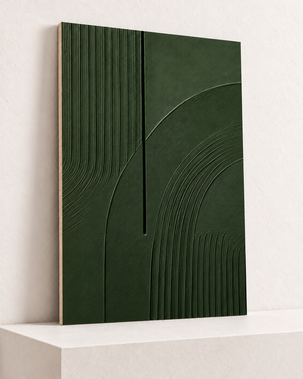 Lines Through Olive | Wood Print | 70x100 cm; 10mm birch plywood, horizontal grain, slim natural layered unframed cut edge, resting on raised light platform — angle