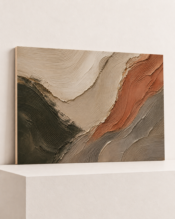 Along the Contour | Wood Print | 100x70 cm; 10mm birch plywood, horizontal grain, slim natural layered unframed cut edge, resting on raised light platform — angle