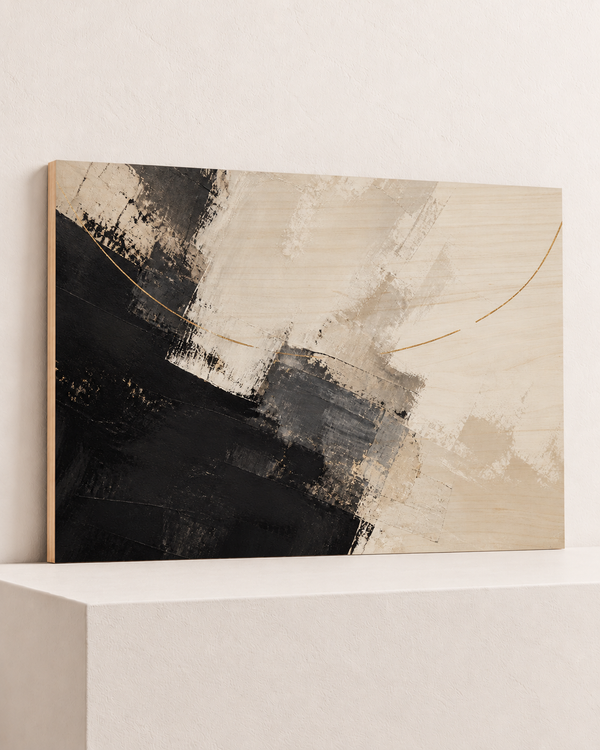 Black Takes a Turn | Wood Print | 100x70 cm; 10mm birch plywood, horizontal grain, slim natural layered unframed cut edge, resting on raised light platform — angle