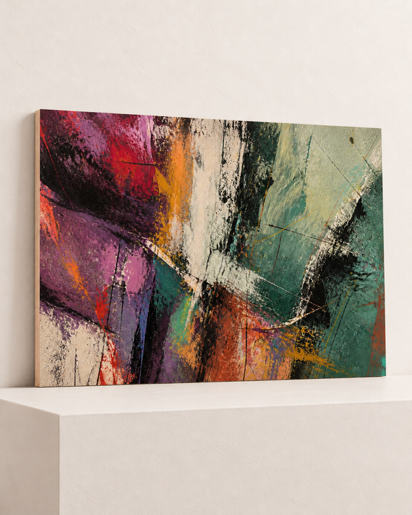 Colours Cross Here | Wood Print | 100x70 cm; 10mm birch plywood, horizontal grain, slim natural layered unframed cut edge, resting on raised light platform — angle