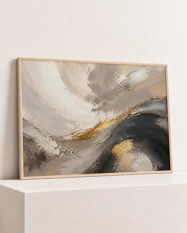 Swept in Ochre, paper print in its natural wood frame, angle studio view