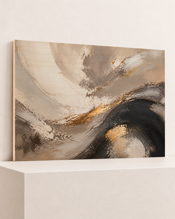 Swept in Ochre | Wood Print | 100x70 cm; 10mm birch plywood, horizontal grain, slim natural layered unframed cut edge, resting on raised light platform — angle